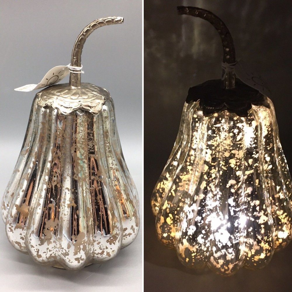 Antiqued Silver Mercury Glass Lighted LED Tall Pumpkin Gourd Metal Stem Fall 8"